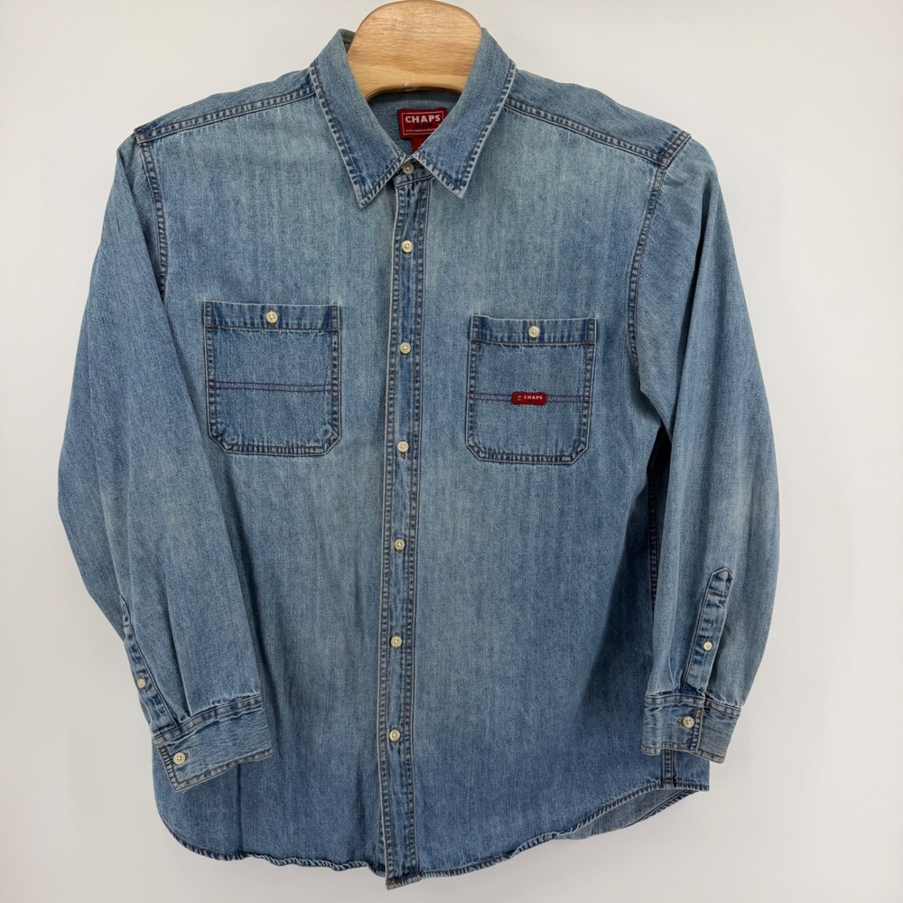 Vintage Chaps Denim Shirt Mens XL Blue Light Wash Long Sleeve Button Down 90s